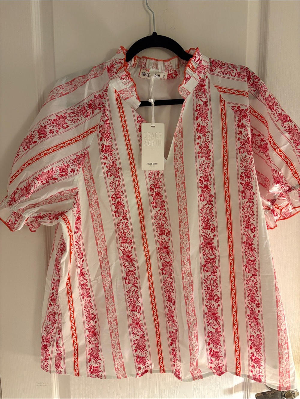 Grace Karin White and Red Striped Floral Short Sleeve Blouse